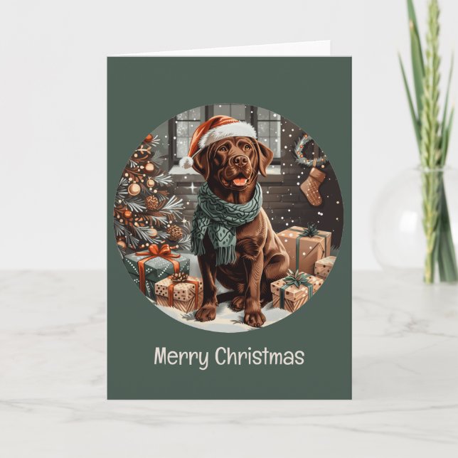 Merry Christmas Chocolate Labrador Retriever Dog Holiday Card (Front)