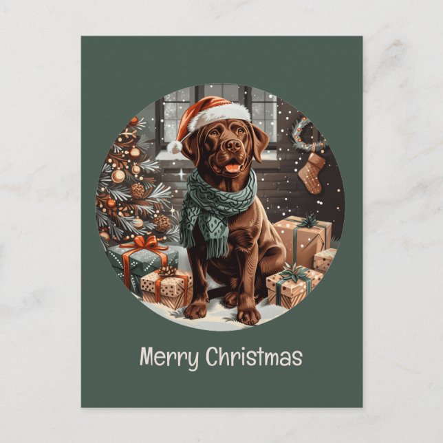 Merry Christmas Chocolate Labrador Retriever Dog Holiday Postcard (Front)