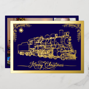 Merry Christmas Choo-choo train Midnight Blue Gold Foil Holiday Card
