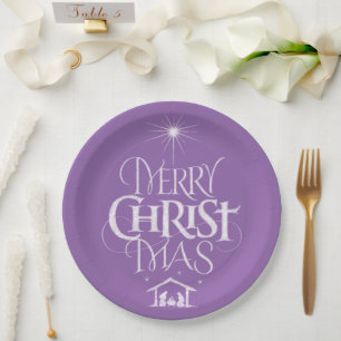 Merry Christmas Christian Calligraphy Chalk Purple Paper Plate