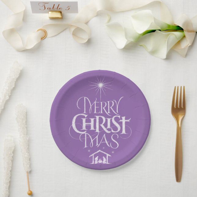 Merry Christmas Christian Calligraphy Chalk Purple Paper Plate (Wedding)