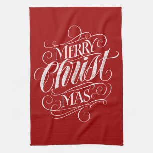 Merry CHRISTmas Christian Calligraphy Chalk Red Tea Towel