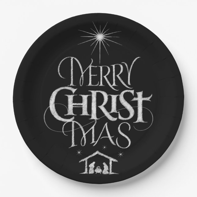 Merry Christmas Christian Calligraphy Chalkboard Paper Plate (Front)