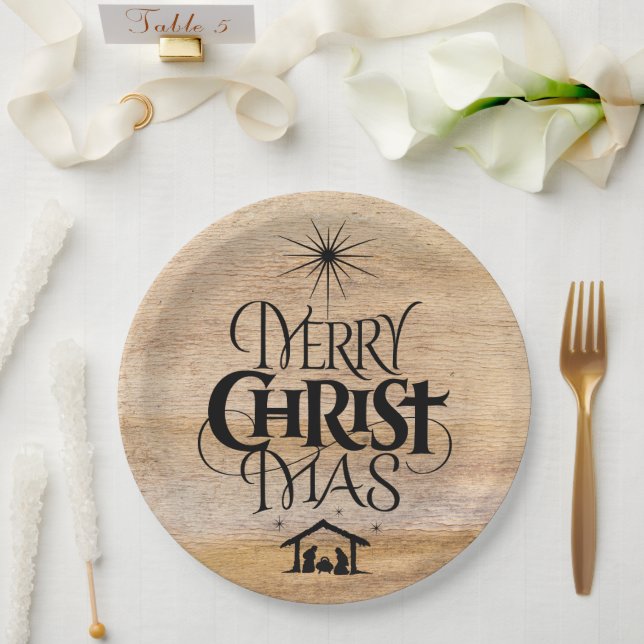 Merry Christmas Christian Calligraphy Rustic Wood Paper Plate (Wedding)