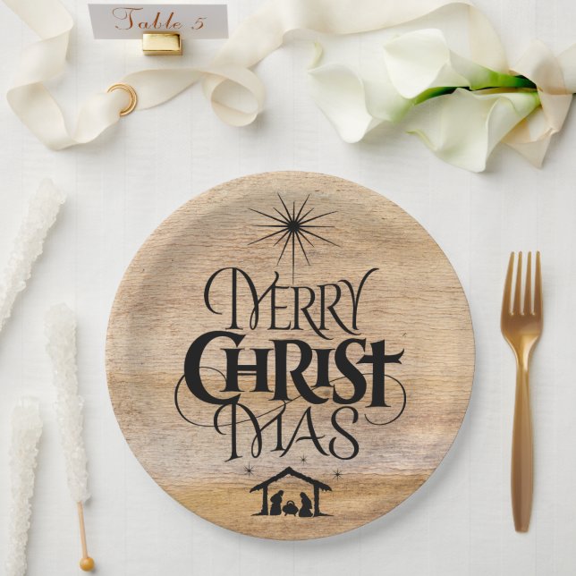 Merry Christmas Christian Calligraphy Rustic Wood Paper Plate (Wedding)