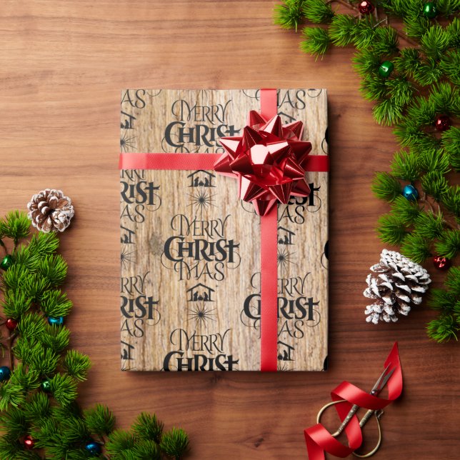 Merry Christmas Christian Calligraphy Rustic Wood Wrapping Paper (Holiday Gift)