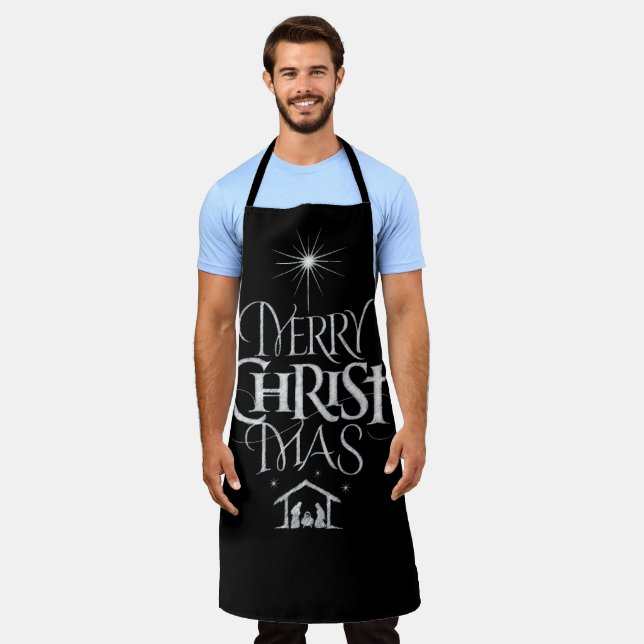 Merry CHRISTmas Christian Chalk Calligraphy Black Apron (Worn)