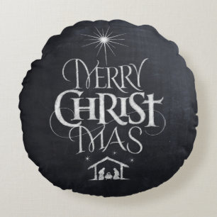 Merry CHRISTmas Christian Chalkboard Nativity Round Cushion