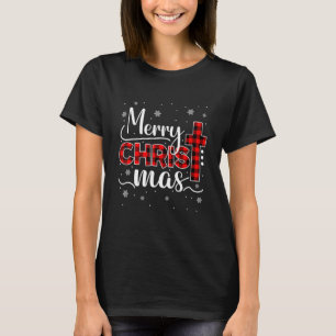 Merry Christmas Christian Cross Buffalo Plaid Fami T-Shirt
