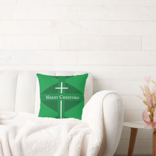 Merry Christmas Christian Cross Green Throw Pillow