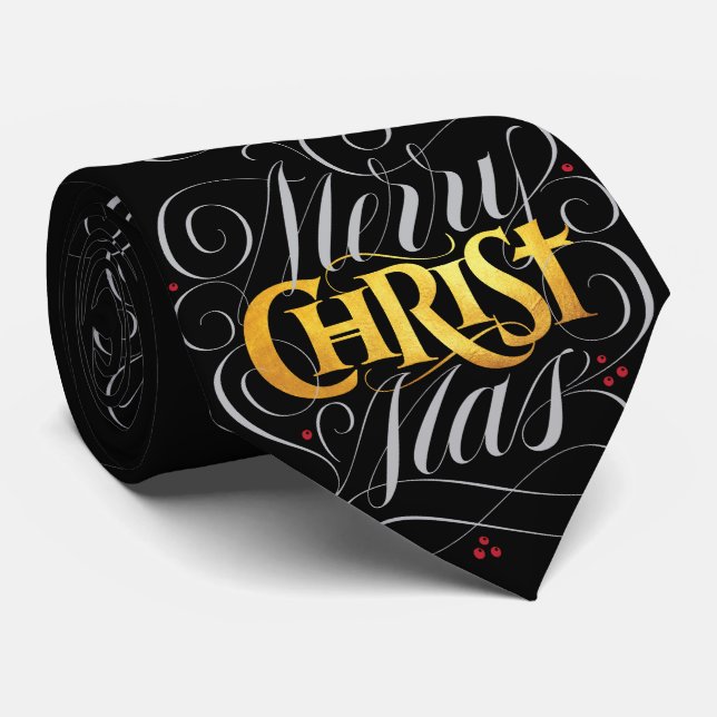 Merry CHRISTmas Christian Gold Script Christ Jesus Tie (Rolled)
