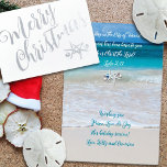Merry Christmas Christian Scripture Beach Themed Foil Card<br><div class="desc">Foil Christmas cards with Christian scripture. Choose white, grey or kraft paper with either silver or gold foil for the greeting on the front. The design includes two sea stars, or starfish, with tree ornaments, on the front (foil) and inside. A tropical beach background image holds text in two places....</div>