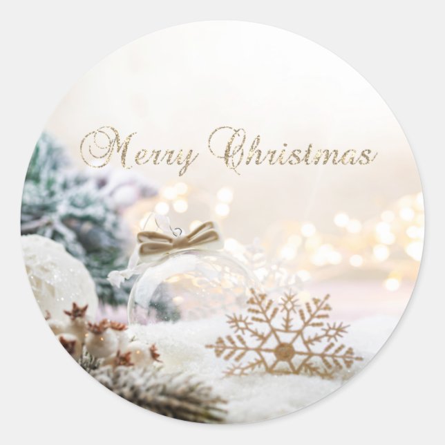 Merry Christmas,Christmas Balls,Gold Snowflakes Classic Round Sticker (Front)