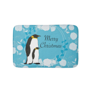 merry christmas, christmas,penguin,flowers bath mat
