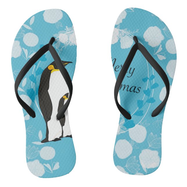 merry christmas, christmas,penguin,flowers,blue, flip flops (Footbed)