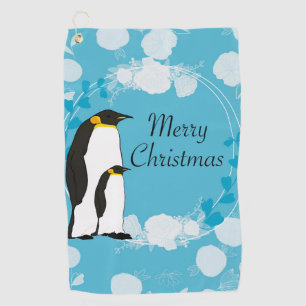 merry christmas, christmas,penguin,flowers,blue, golf towel