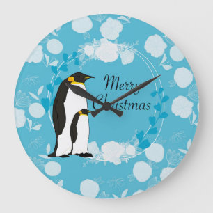 merry christmas, christmas,penguin,flowers,blue, large clock