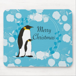 merry christmas, christmas,penguin,flowers,blue, mouse mat
