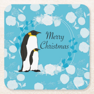 merry christmas, christmas,penguin,flowers square paper coaster