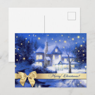 Merry Christmas. Christmas Snowy Village Painting Postcard