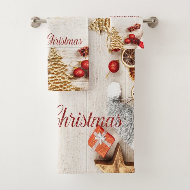 Merry Christmas,Christmas Sweets , Wood Texture Bath Towel Set (Insitu)