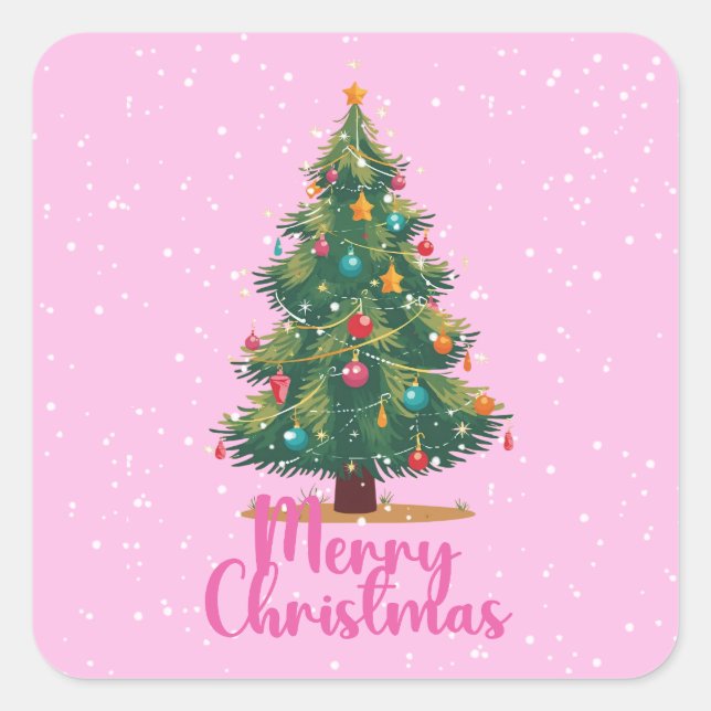 Merry Christmas, Christmas Tree, Holiday, Pink Square Sticker (Front)