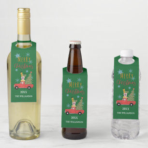 Merry Christmas Christmas Tree on Red Car Truck  Bottle Tag