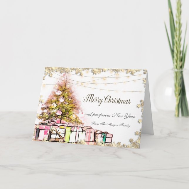 Merry Christmas,Christmas Tree,Presents,Lights Holiday Card (Front)