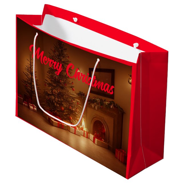 Merry Christmas. Christmas Tree with Presents  Large Gift Bag (Front Angled)