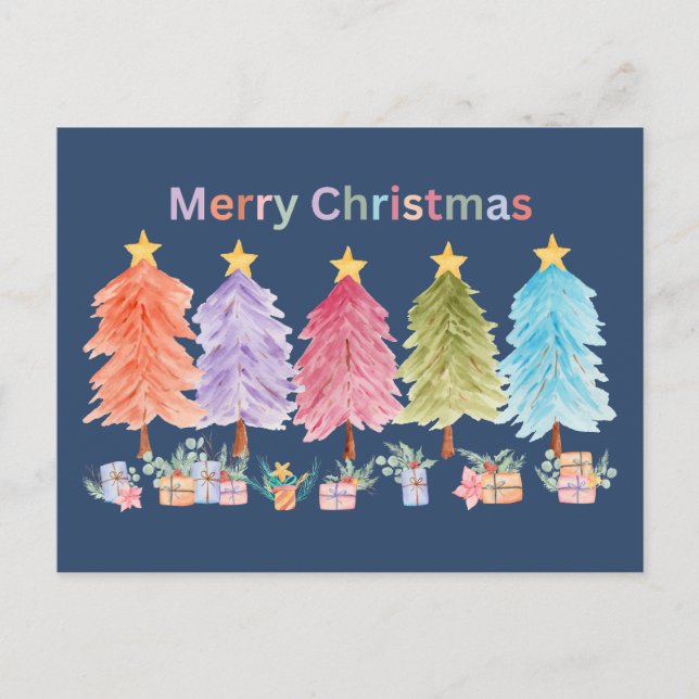 Merry Christmas Christmas Trees and Presents Holiday Postcard (Front)
