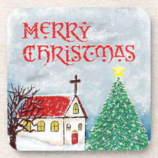 Merry Christmas Church and Christmas Tree in Snow Coaster