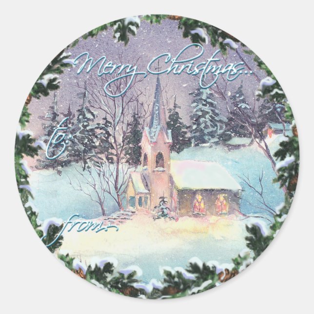 MERRY CHRISTMAS CHURCH & WREATH by SHARON SHARPE Classic Round Sticker (Front)