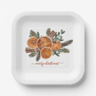 Merry Christmas Citrus Pine Rustic Holiday Paper Plate