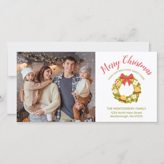 Merry Christmas Citrus Wreath Family Photo Moving Announcement (Front)