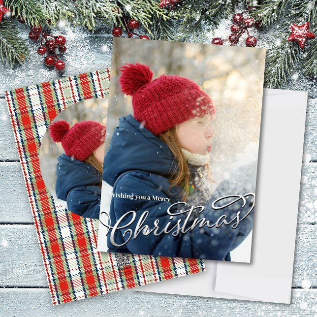 Merry Christmas Classic Calligraphy Red Plaid  Holiday Card (Merry Christmas red and green plaid photo card template)