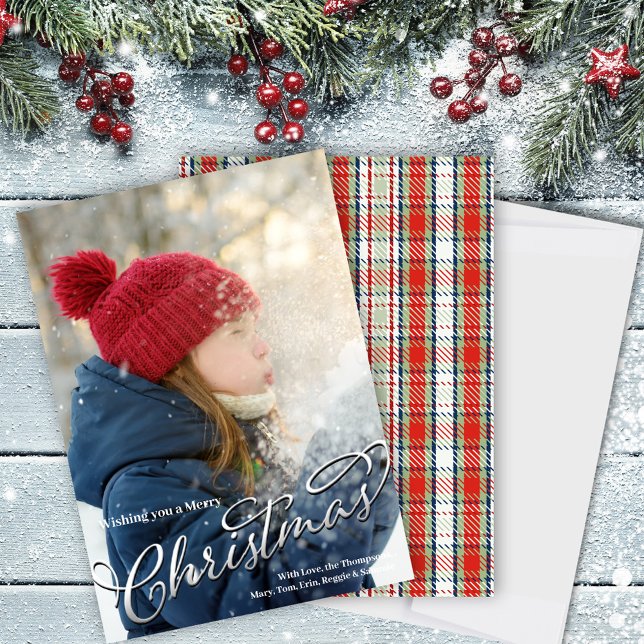 Merry Christmas Classic Calligraphy Red Plaid  Holiday Card (Merry Christmas Holiday Photo card with red and green plaid. )