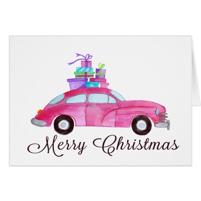 Merry Christmas Classic Car Watercolor (Front Horizontal)
