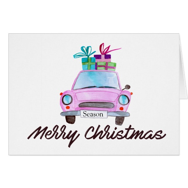 Merry Christmas Classic Car Watercolor (Front Horizontal)