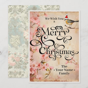 Merry Christmas Classic Chic Flowers Typography Holiday Card