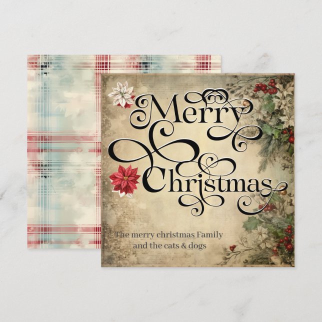 Merry Christmas Classic Chic Flowers Typography Holiday Card (Front/Back)