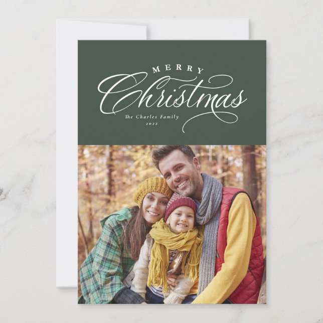 Merry Christmas classic elegant green one photo Holiday Card (Front)