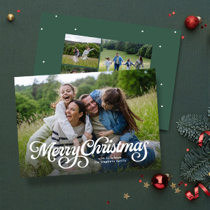 Merry Christmas classic four photo green Holiday Card