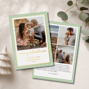 Merry Christmas Classic Gingham 5 Photo with Text Foil Holiday Card