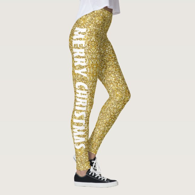 Merry Christmas Classic Gold Glitter Leggings (Right)