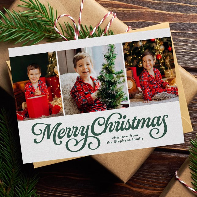 Merry Christmas classic green three photo Holiday Card (Creator Uploaded)
