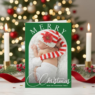 Merry Christmas Classic Green & White Family Photo Holiday Card