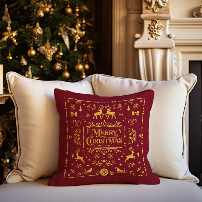 Merry Christmas Classic Nordic Red Holiday Cushion (Merry Christmas Classic Nordic Red Holiday Throw Pillow)