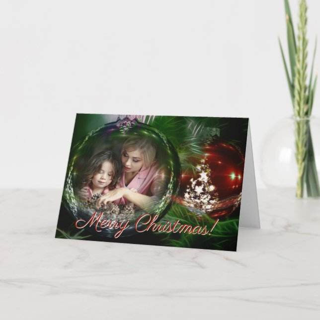 Merry Christmas Classic Ornament Photo Frame Holiday Card (Front)