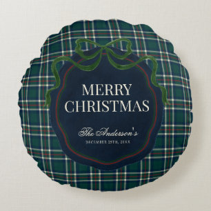 Merry Christmas Classic Preppy Tartan Plaid Round Cushion