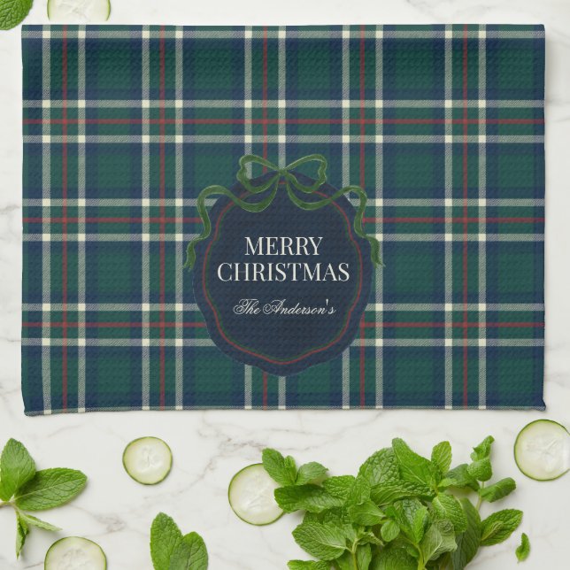 Merry Christmas Classic Preppy Tartan Plaid Tea Towel (Folded)